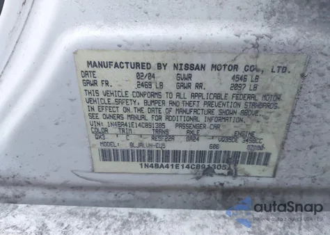 2004 Nissan Maxima 3.5 Sl from USA, damaged, VIN 1N4BA41E14C891305